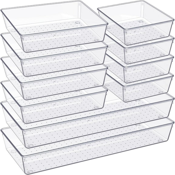 Criusia Drawer Organizer, 18 Pack Large Clear Plastic Kitchen Drawer Organizers Set, 6 Size Versatile Bathroom and Vanity Drawer Organizer Trays, Storage Bins for Makeup, Bedroom, Kitchen Utensils
