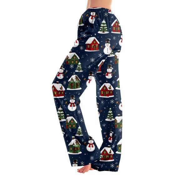 Christmas Pajama Pants for Women Christmas Tree Snowflake Snowman Graphic Soft Pj Bottoms Comfy Casual Lounge Sleep Pants Elastic Waist Pjs Pants Blue,2XL