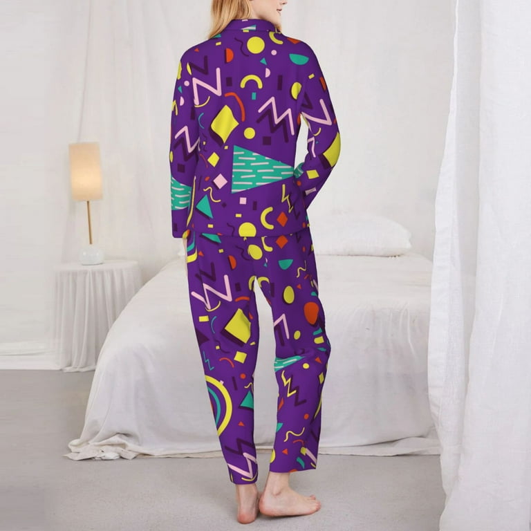 Junzan Retro 80s Style Print Womens Pajama Sets,Long Sleeve Button
