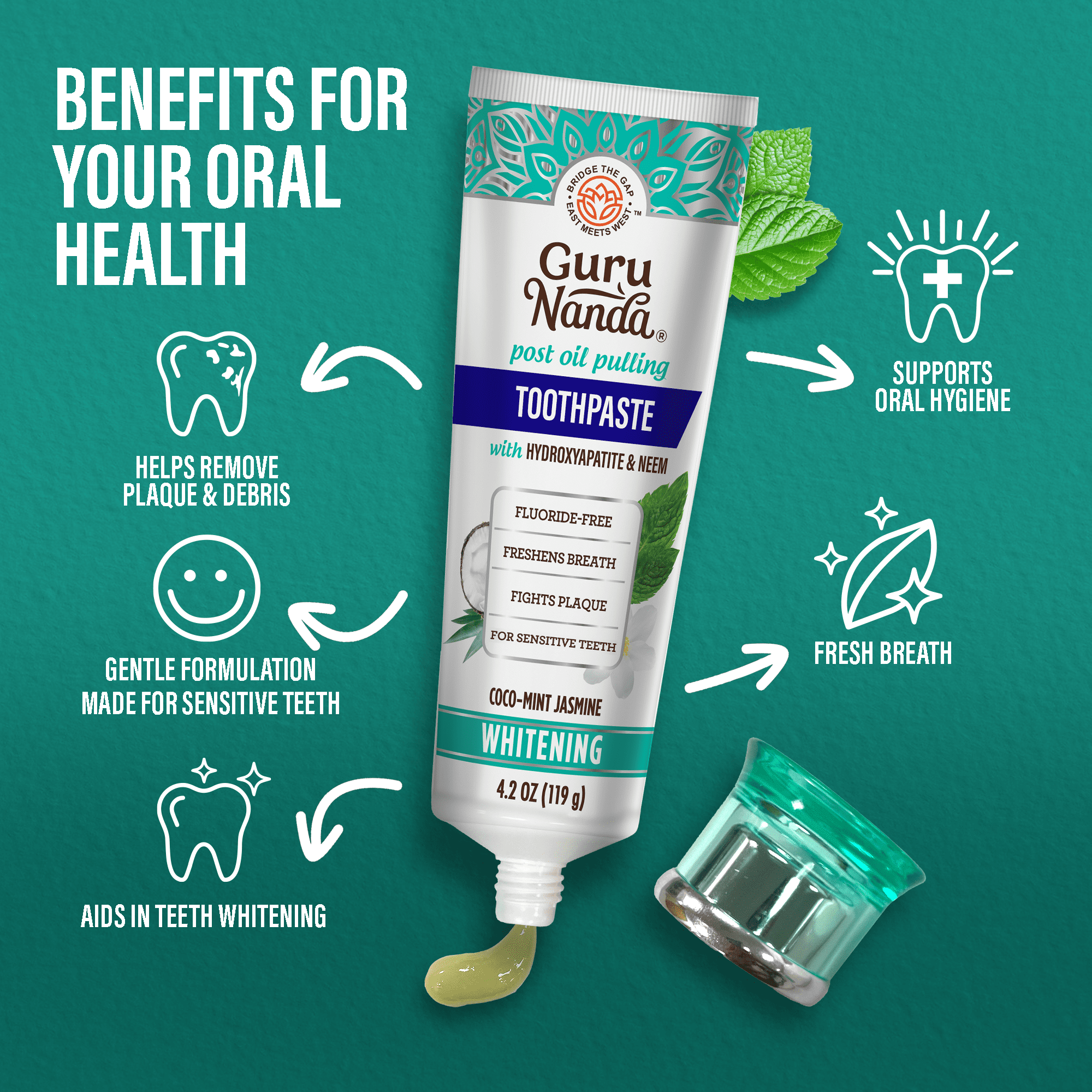 GuruNanda Fluoride-Free Whitening Toothpaste With 5% Hydroxyapatite and Neem - 4 Pack