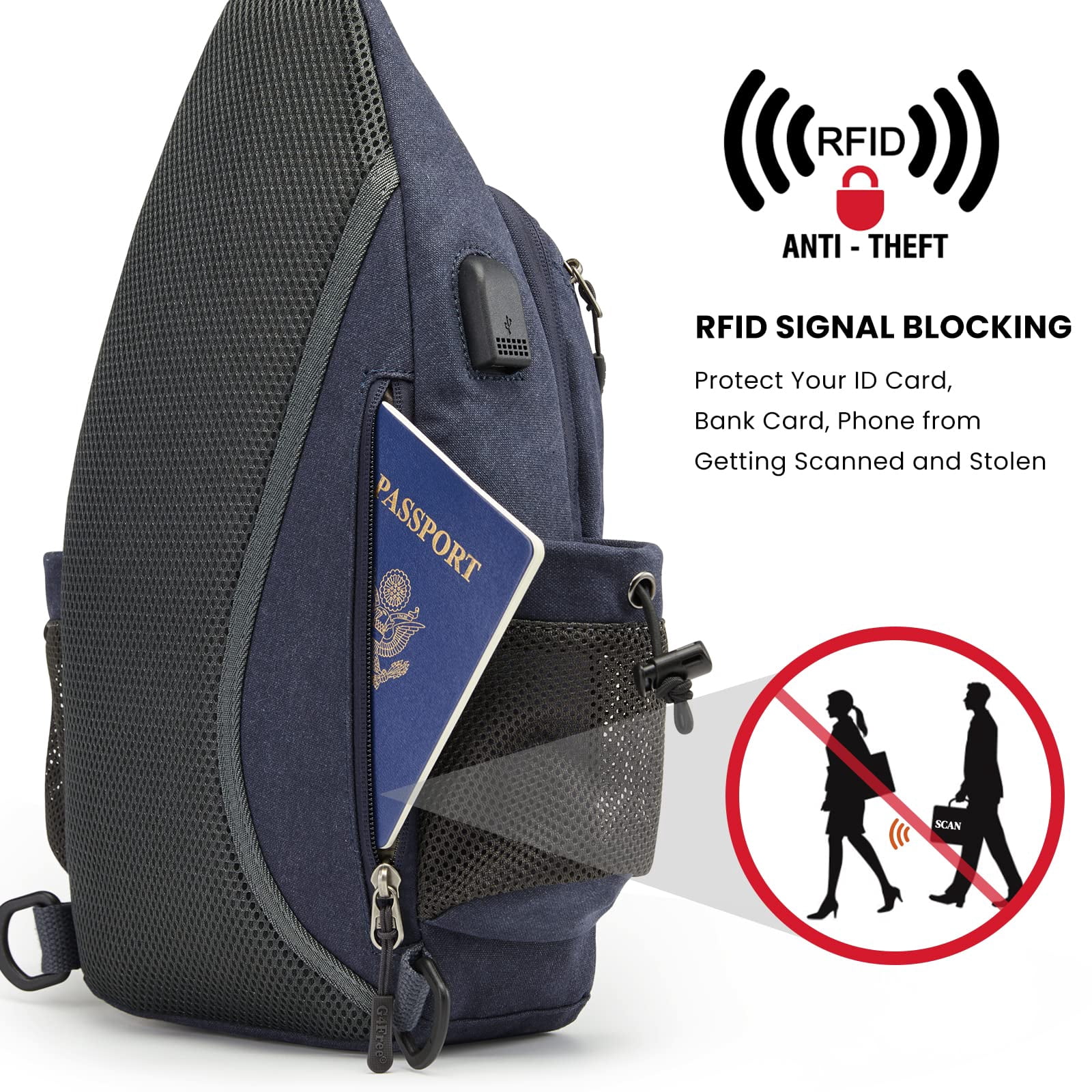 G4Free Canvas Sling Bag Crossbody Backpack with USB Charging Port & RFID Blocking, Hiking Daypack Chest Bag for Women Men