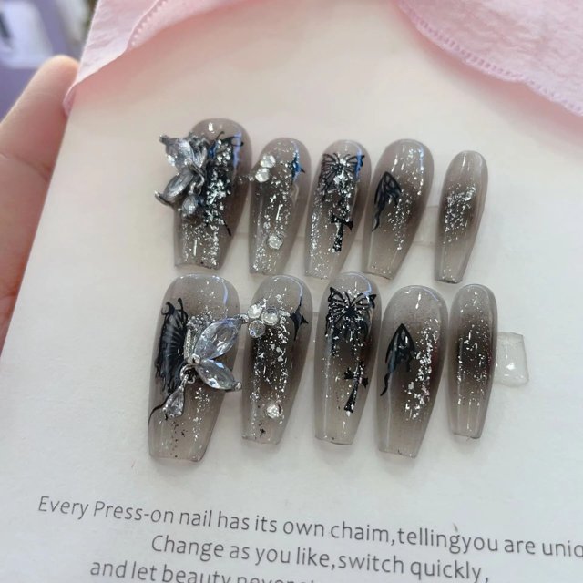 Uñas postizas de bailarina francesa para manualidades, uñas de Stiletto de cubierta completa, dibujos animados, lindo lazo de boda rosa, Diamante largo, ataúd