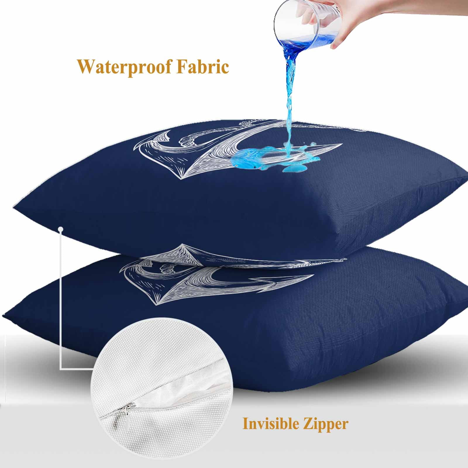 Throw Pillow Covers 16x16 Inch Set of 2, Nautical Anchor Waterproof Outdoor Pillow Covers, Navy Blue Coastal Marine Minimalist Rope Decorative Cushion Pillowcases for Couch, Sofa, Bed, Garden, Patio