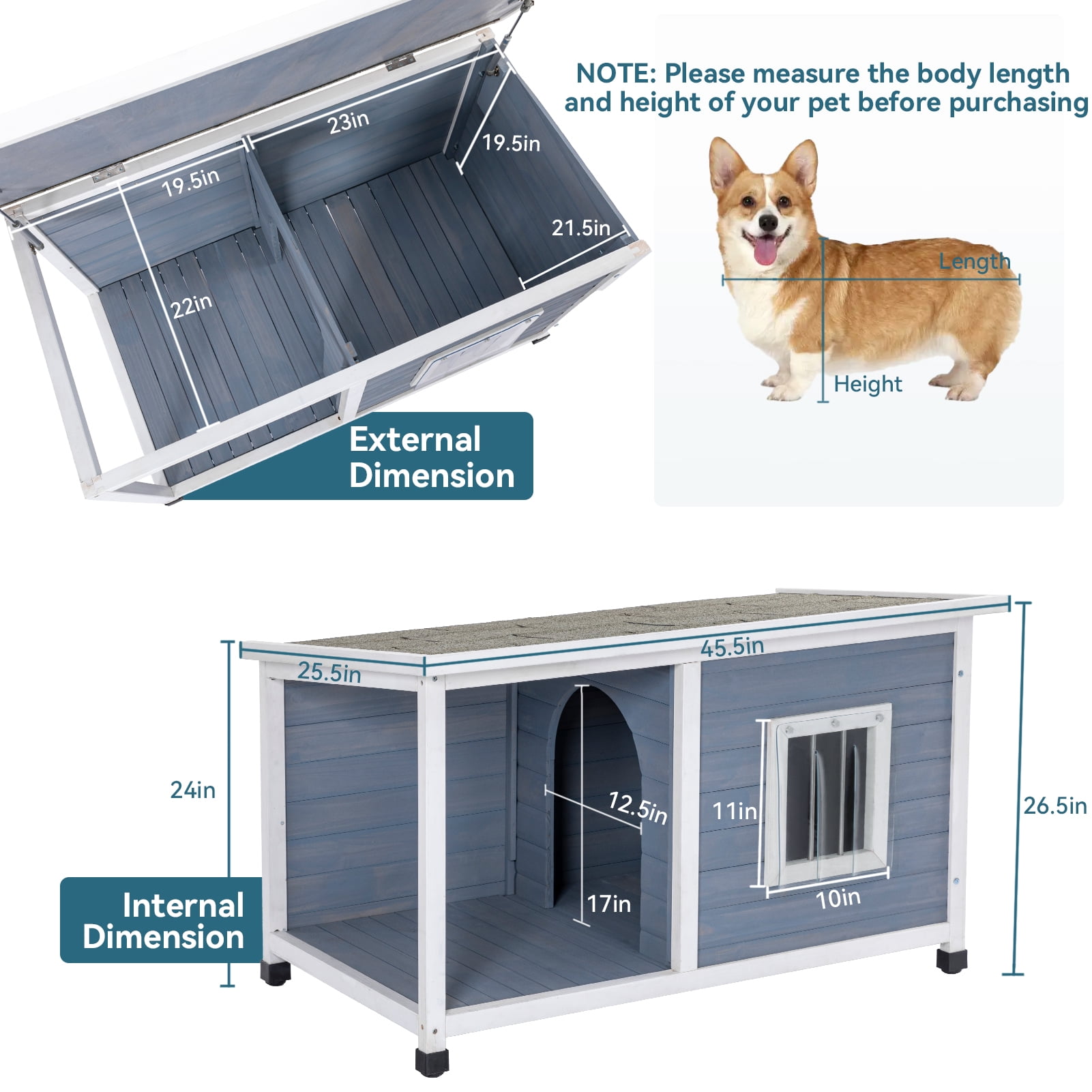 Petsfit Weatherproof Dog House with Porch and Window, Asphalt Roofing, Light Grey, Medium Small Dogs