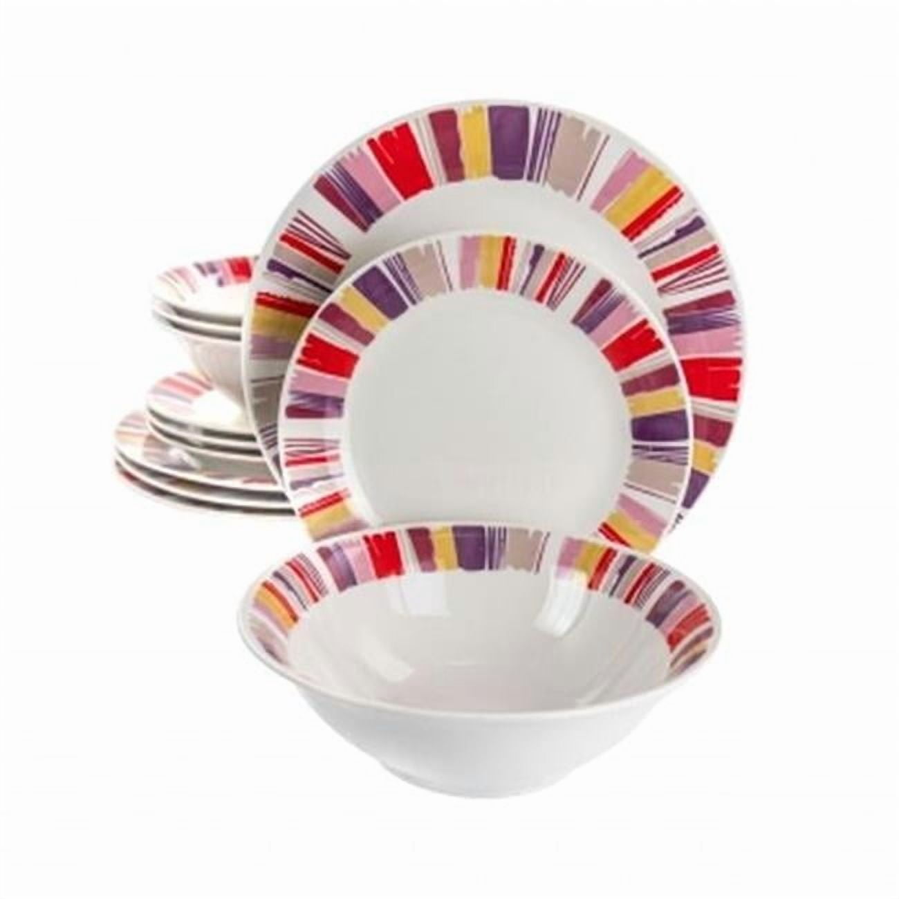 Gibson Home Silver Wind 16-Piece Fine Ceramic Dinnerware Set - Service For 4, Grey & Pink Banded Edge, Dishwasher & Microwave Safe