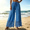 thumbnail image 2 of Women's Boho Lace Hem Wide Leg Palazzo Pants Drawstring Elastic Waist Loose Casual Trousers with Pockets Lightweight Lounge Beach Pants Blue, 2 of 5