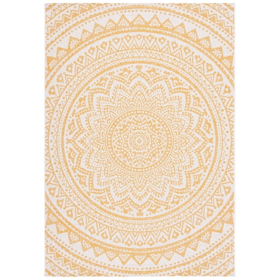 SAFAVIEH Courtyard Josiah Geometric Indoor/Outdoor Area Rug, Ivory/Gold, 8' x 10'