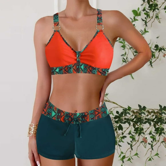 UPPADA Women's Floral Printed Bathing Suit Halter Summer Swimsuit Bikinis Set String Bikini Set Two Piece Swimsuit Print Tie Smocked Ruched Two Piece Bathing Suit Fow Vacation Orange,S
