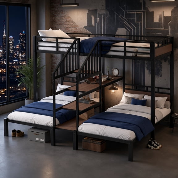 Twin Over Twin Over Twin Triple Bunk Bed with Storage Shelves & Storage Stairs, Space-Saving Metal Frame, Black
