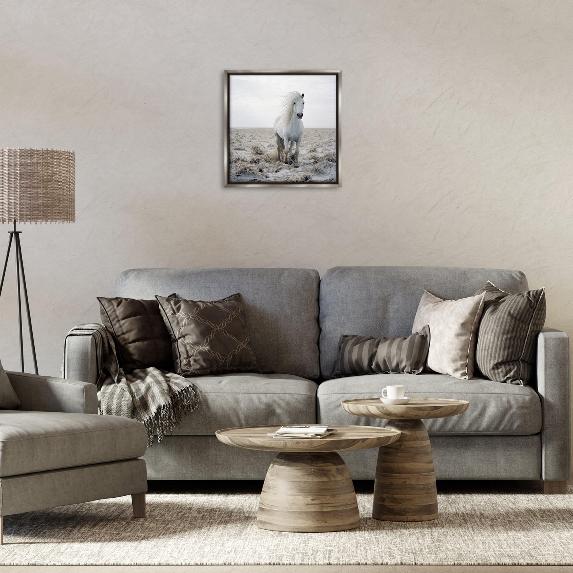 Stupell Industries Windswept Beach Horse Animals Photography Gray Floater Framed Canvas Art Print Wall Art, 18 x 18