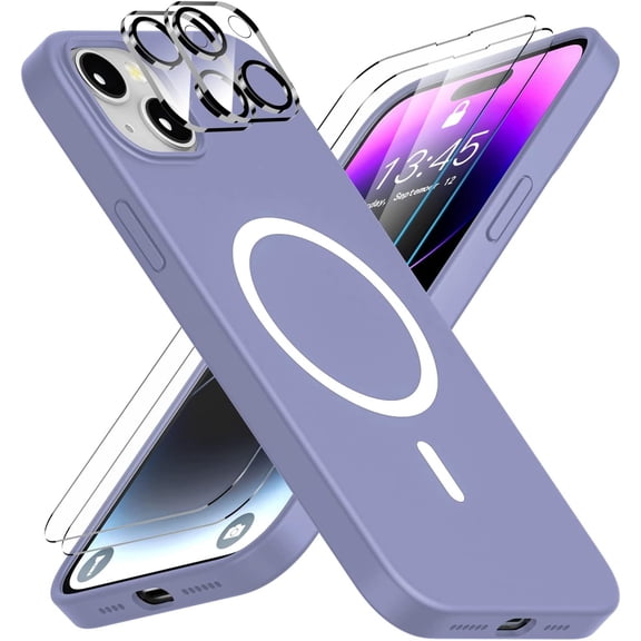 Magnetic for iPhone 14 Plus Case, Slim & Soft Liquid Silicone Case [with 2 Pcs Glass Screen Protector Camera Lens Protector] [Compatible with MagSafe] Shockproof Phone Case 6.7 inch-Pale Purple