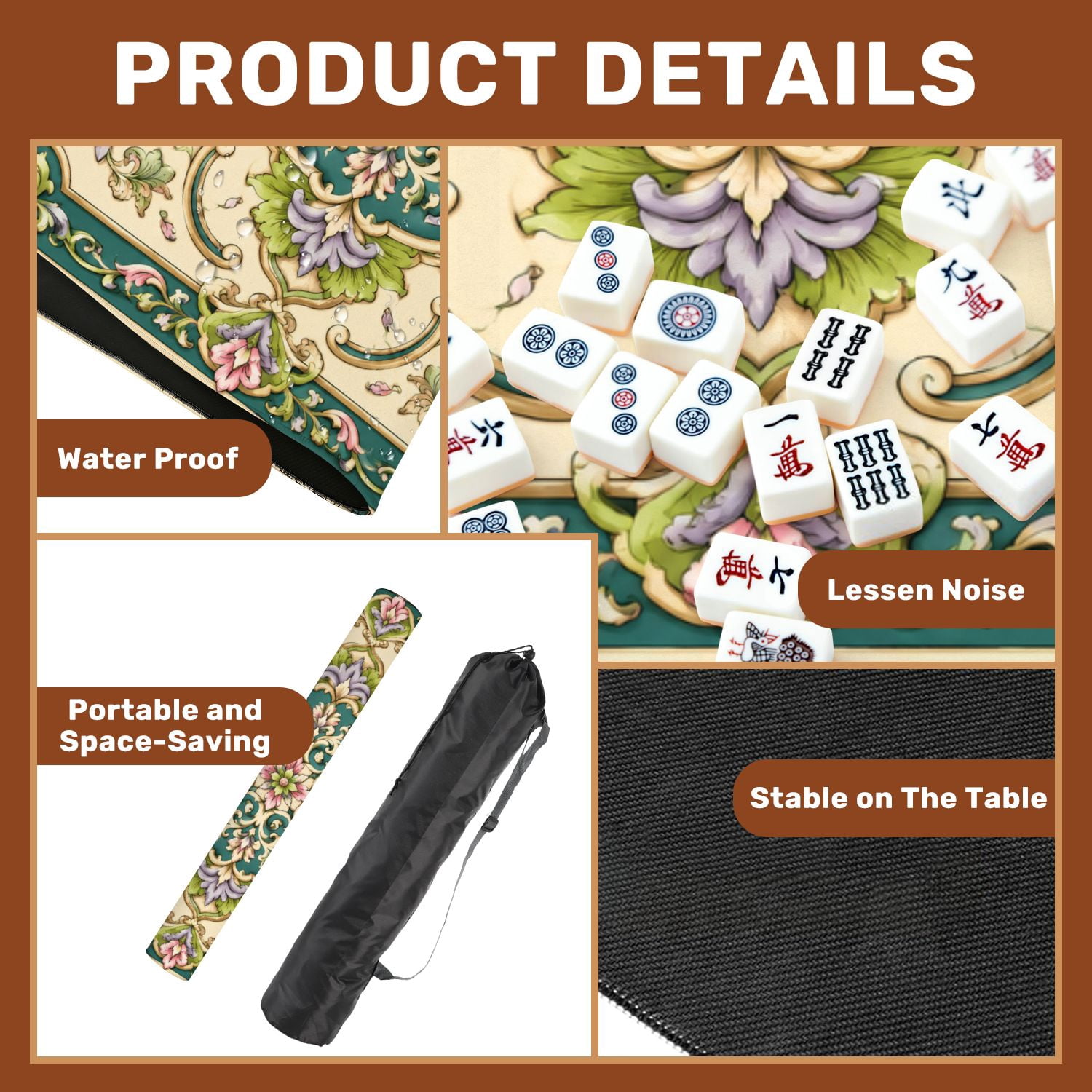 Mahjong Mat 31.5" x 31.5" Hand drawn artistic floral Non-Slip Noise Reduction Mahjong Tiles Table Cover for Dominoes Poker Card Board and Tile Games