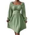 thumbnail image 1 of SAYOO Vestido de primavera para mujer, vestido de cintura alta fruncido con cuello cuadrado liso de manga larga, trajes hasta la rodilla con lazo en la cintura para mujer SAYOO  moda, 1 of 7