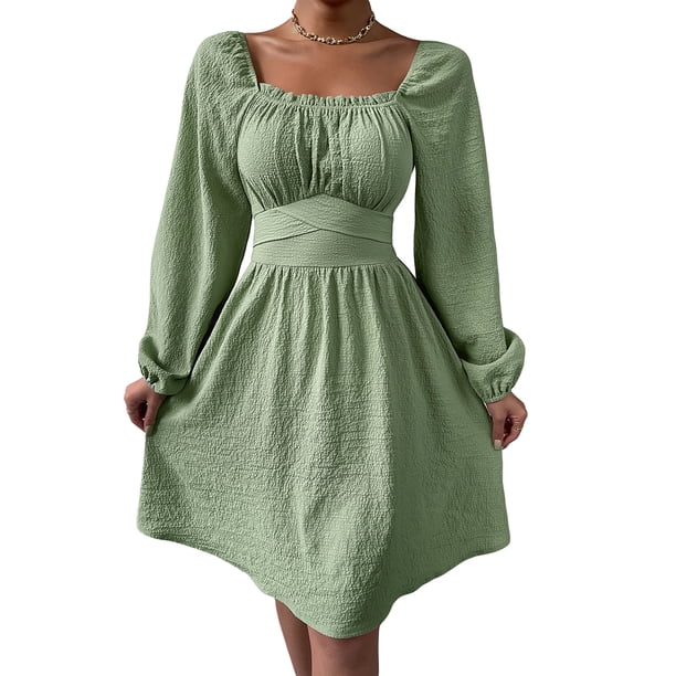 SAYOO Vestido de primavera para mujer, vestido de cintura alta fruncido con cuello cuadrado liso de manga larga, trajes hasta la rodilla con lazo en la cintura para mujer SAYOO moda
