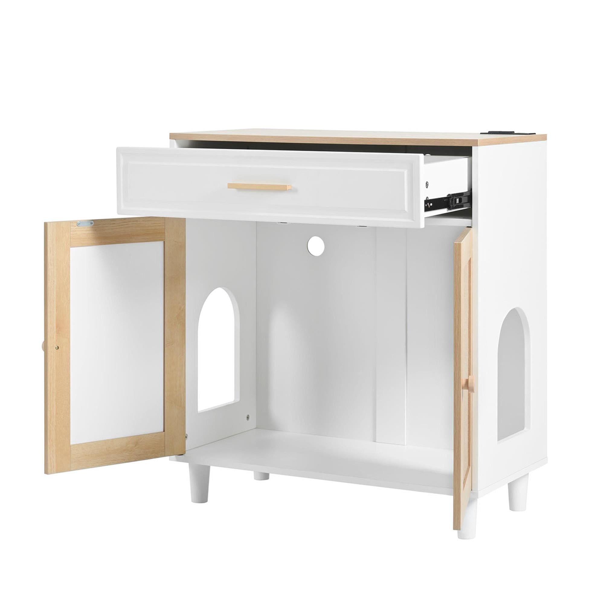 Pefilos 31" Cat Litter Box Enclosure, Hidden Cat Washroom Furniture with Charging Socket, Sisal Scratching Door, Cat House Enough for Most of Litter Box, White