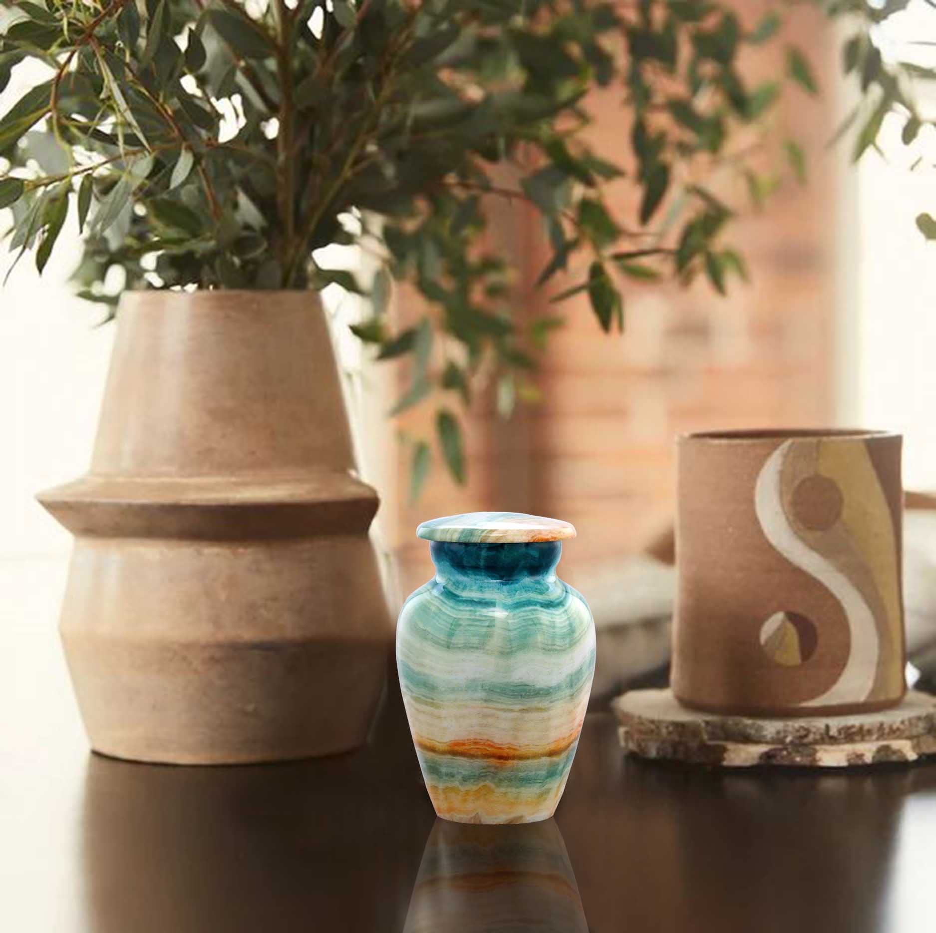 Keepsake Urn | Marble Finish Keepsake Cremation Urn for Ashes | Metal Sharing Urn for Human or Pets Ashes | Mini Memorial Urn with Velvet Bag (Blue Marsh)