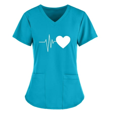 

KIJBLAE Summer Shirts for Women Working Uniform Clothes for Girls ECG Print Tops Short Sleeve Tees Tunic Scrub Pocket Blouses V-Neck T-shirt Blue XXXL Rollbacks