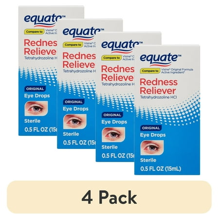 (4 pack) Equate Tetrahydrozoline HCl Original Redness Reliever Eye Drops, 0.5 fl oz
