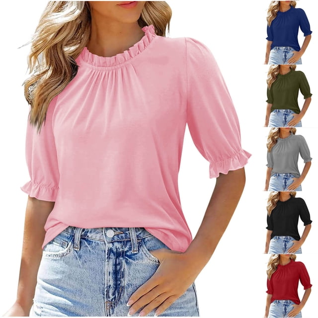 Top marrón,Blusa informal de media manga para mujer, cuello redondo, botones, poliéster, para uso diario y en casa, sopatenor