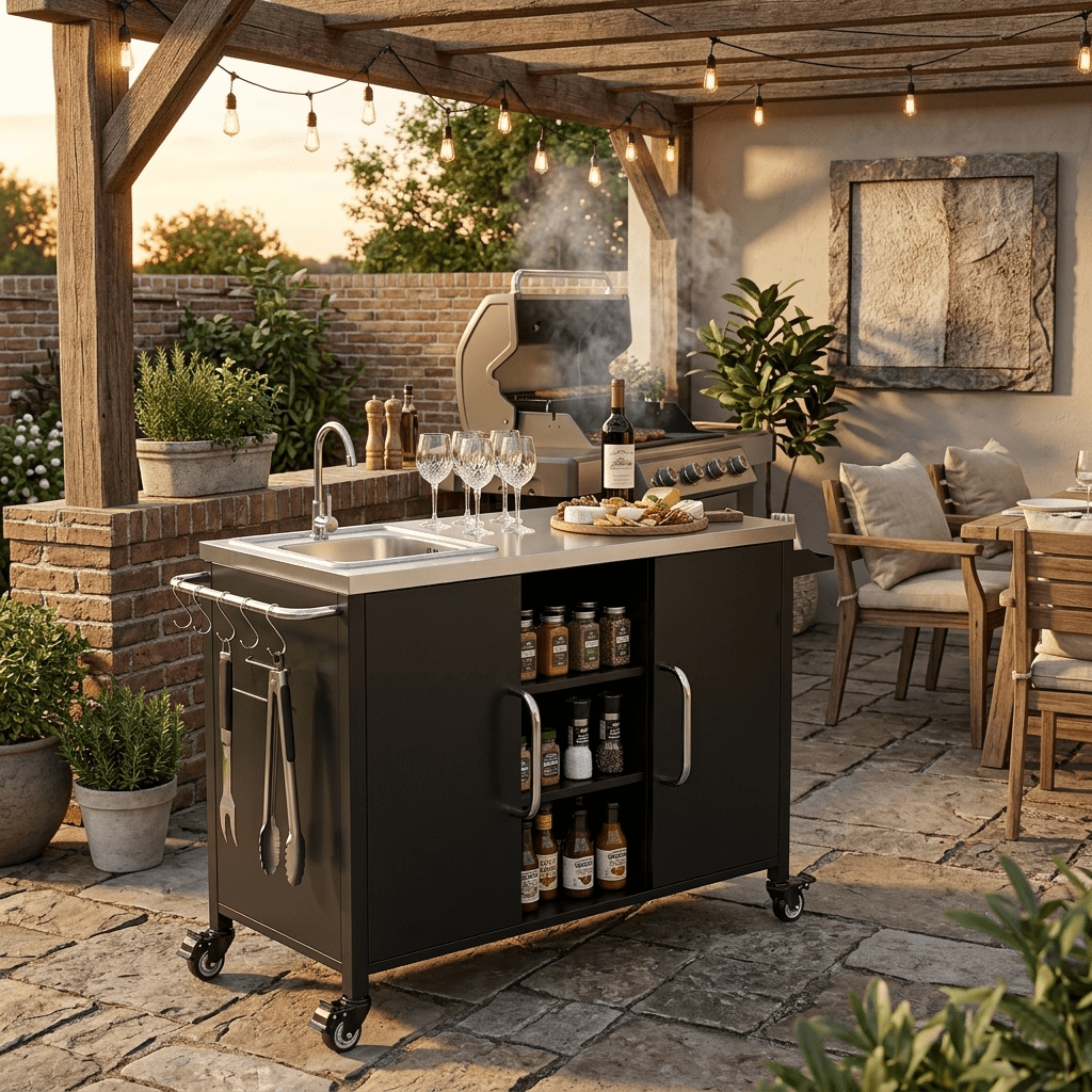 Homy Casa Outdoor Grill Cart with Sink and Stainless Steel Top, Rolling Outdoor Kitchen Cart with Cabinet Storage, Black