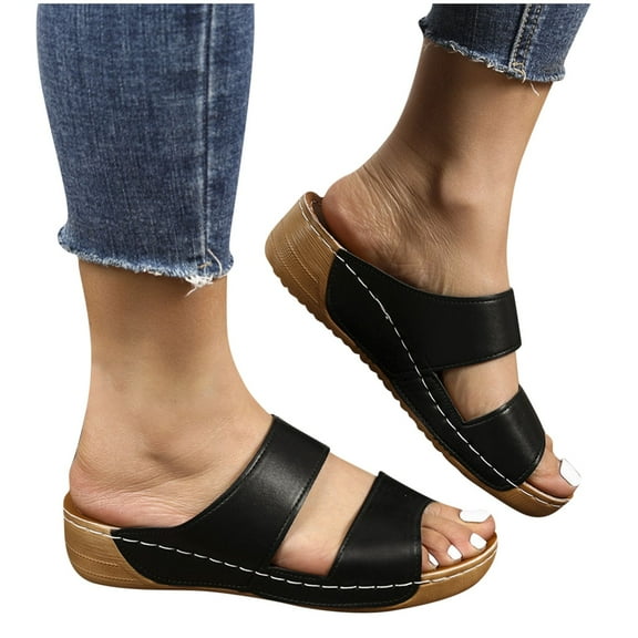 THDHVS Womens Wedge Sandals,Wedge Sandals for Women,Women's Fashion Casual Summer Solid Color Fish Mouth Wedge Heel Thick Bottom Slippers Black 6