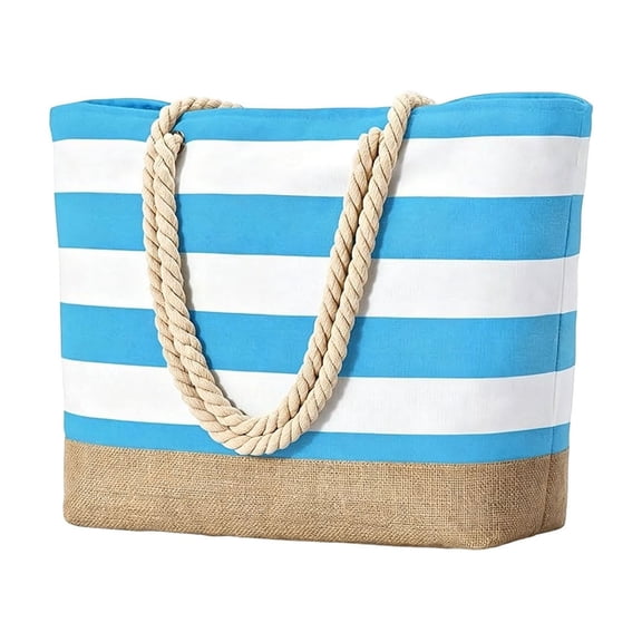 Large Striped Beach Tote Bag for Women Waterproof Canvas Bag with Zipper Rope Handles and Jute Bottom Sandproof Travel Pool Bag