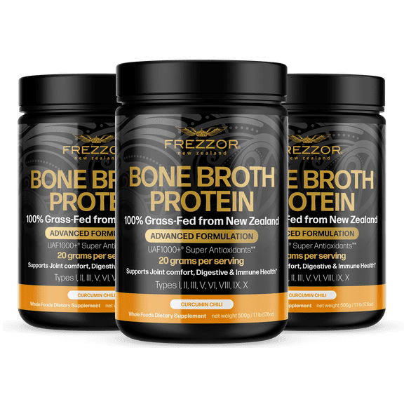 FREZZOR 100% Grass-Fed Bone Broth Collagen Protein Powder, 3 Canisters, 1500 Grams