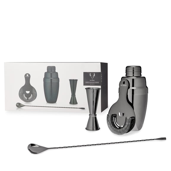 Viski Gunmetal Barware Set, Cocktail Shaker Jigger Spoon Strainer, 4PC Set