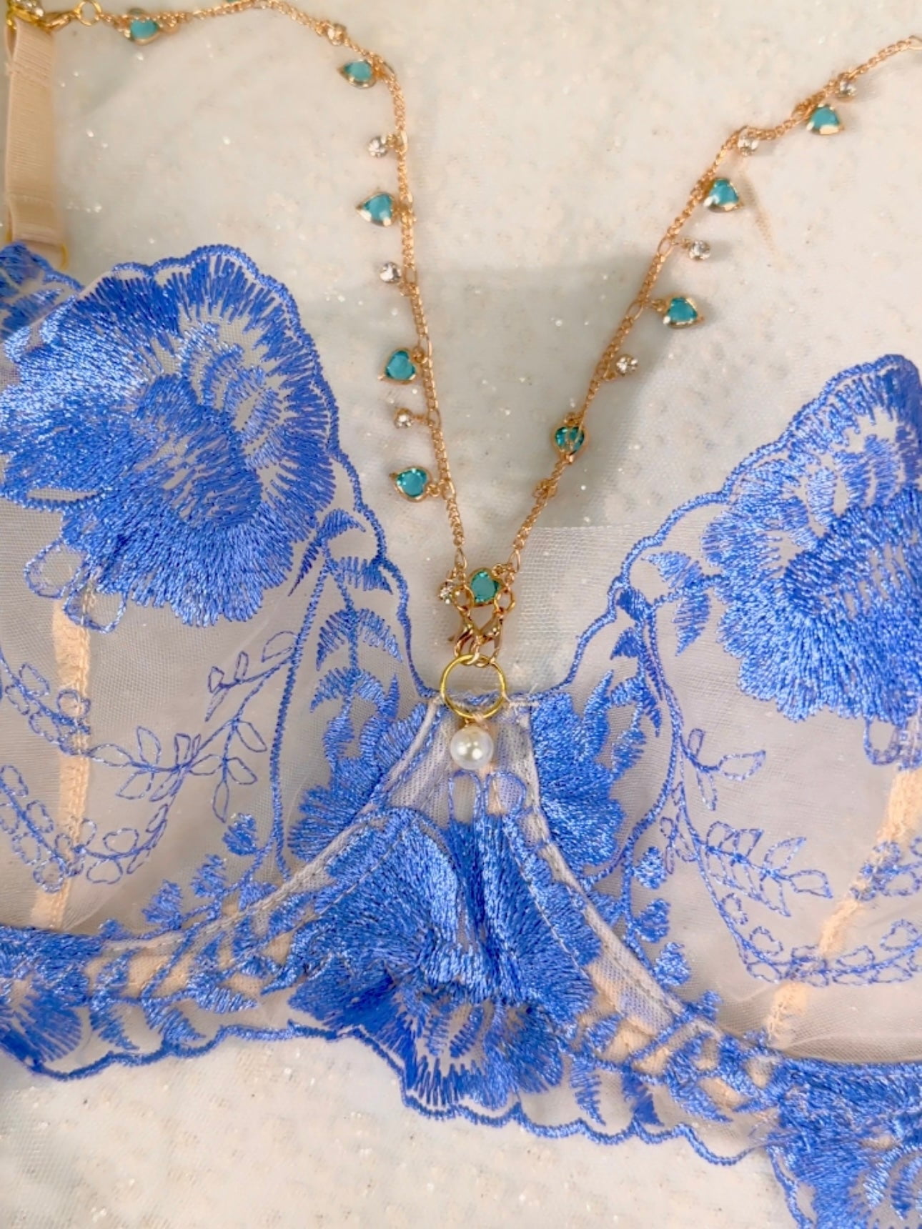 Azure Bloom Chain-Detail Embroidered Lingerie Set (BLUE, S)