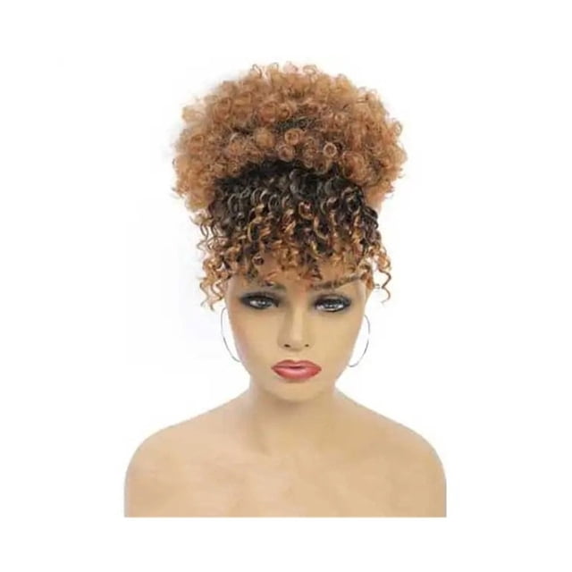 Synthetic Short Kinky Curly Drawstring Ponytail with Bangs, Clip in Afro High Puff Hair Bun Hairpiece