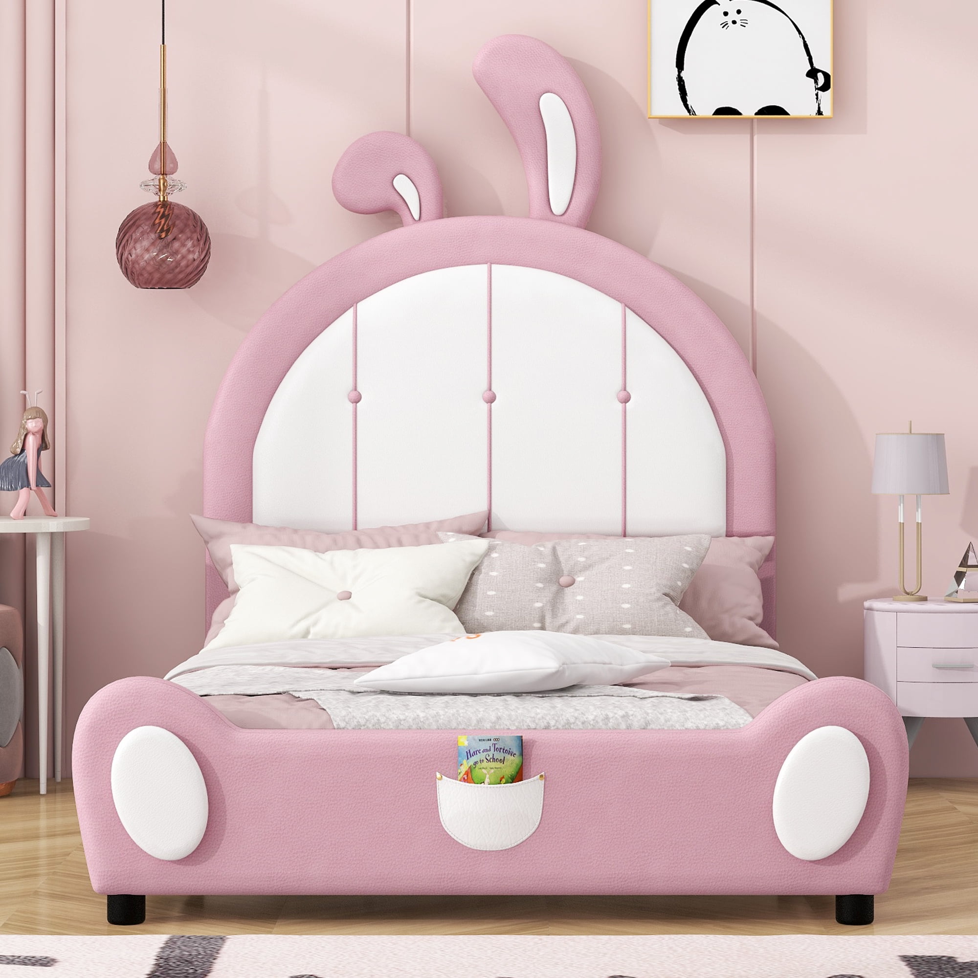 EUROCO Upholstered Twin Platform Bed, Cartoon Bunny Bed for Toddler Kids Teens, No Box Spring Needed, Pink