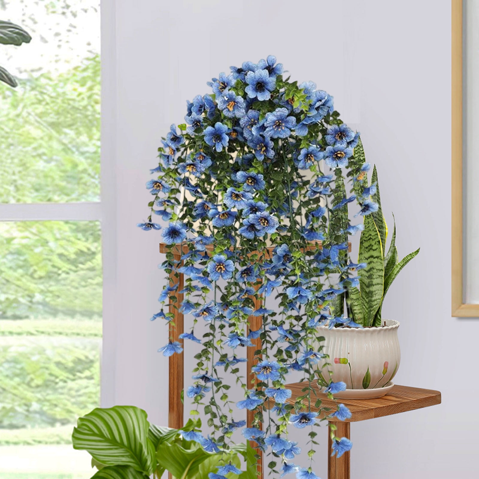 Kbndieu 2PCS Artificial Fake Hanging Flowers Plants Violet Flower for Outdoors, Faux Silk Spring Summer Flower for Garden Porch Patio Balcony Yard Wedding Decor