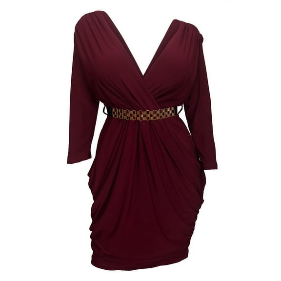 Plus size Deep V-Neck Wrap Bodice Long Sleeve Dress Burgundy