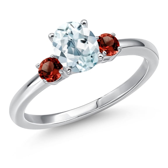 Gem Stone King 14K White Gold Sky Blue Aquamarine and Red Garnet Engagement Ring for Women | 1.05 Cttw | Oval 7X5MM | Gemstone March Birthstone | Size 6