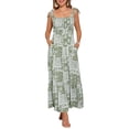thumbnail image 1 of Vestido impreso de verano Inspire Chic para mujer, con tirantes de espagueti, escote cuadrado, corte A, largo maxi, talla XS, color verde, 1 of 6