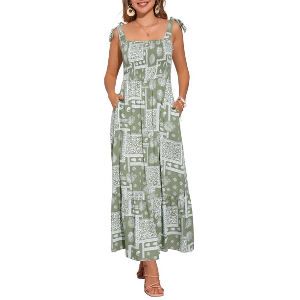 Vestido impreso de verano Inspire Chic para mujer, con tirantes de espagueti, escote cuadrado, corte A, largo maxi, talla XS, color verde