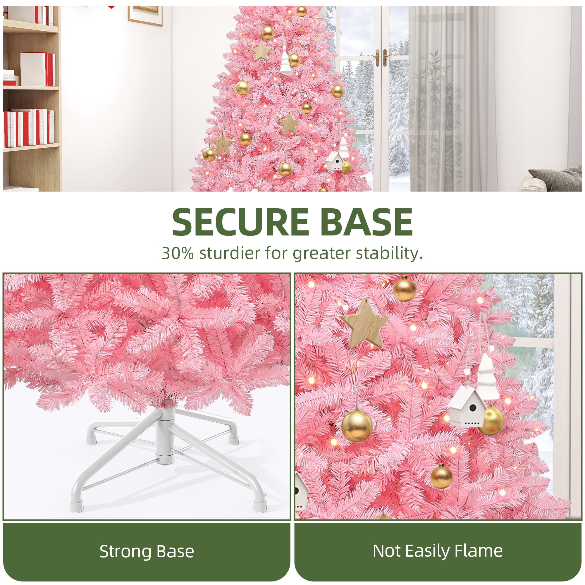Uforic 6ft Pre-lit Spruce Artificial Christmas Tree with 947 PVC Tips & 250 Lights, Pink