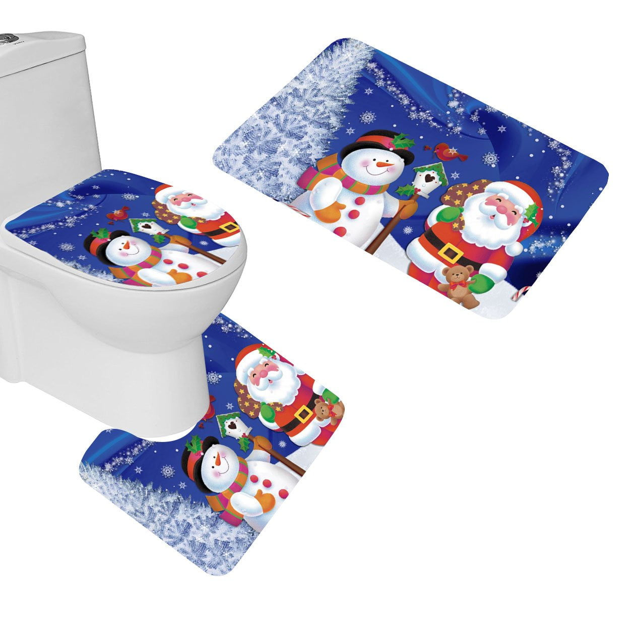 GOHAO Santa Snowman Holiday Christmas 3 Piece Bathroom Rugs Set Bath Rug Contour Mat and Toilet