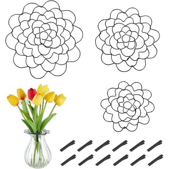 1 Bag 3Pcs Stainless Steel Flower Arrangement Insert Lids with 12Pcs Iron Alligator Claps Black Floral Grid Arranger Holder for Vase Plant Stems Flower Fixation Craft