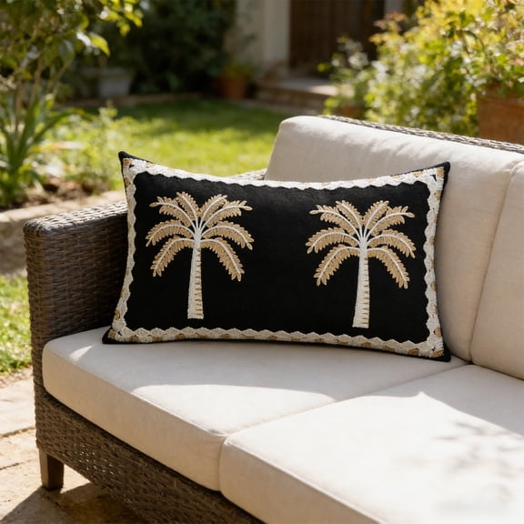 Vfedsrsge Black Palm Tree Embroidered Throw Pillow Cover Outdoor Cotton Linen Cushion Case for Sofa Patio Decor 30x50 cm / 11.81x19.68 in