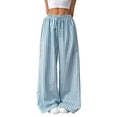 thumbnail image 3 of Women Drawstring Striped Pants Loose Wide Leg Trousers Casual Low Waist Pants Comfy Lounge Pants with Pockets Blue M, 3 of 9