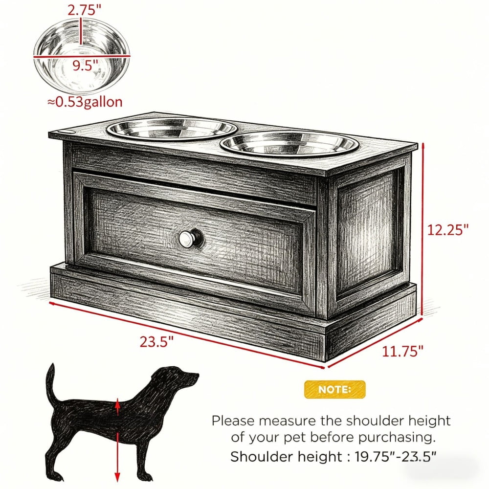 Elevated Dog Bowls with Storage Drawer, Raised Pet Feeder Stand with Dishwasher Safe Stainless Steel Bowls, Modern MDF Feeding Station in Black for Large Dogs