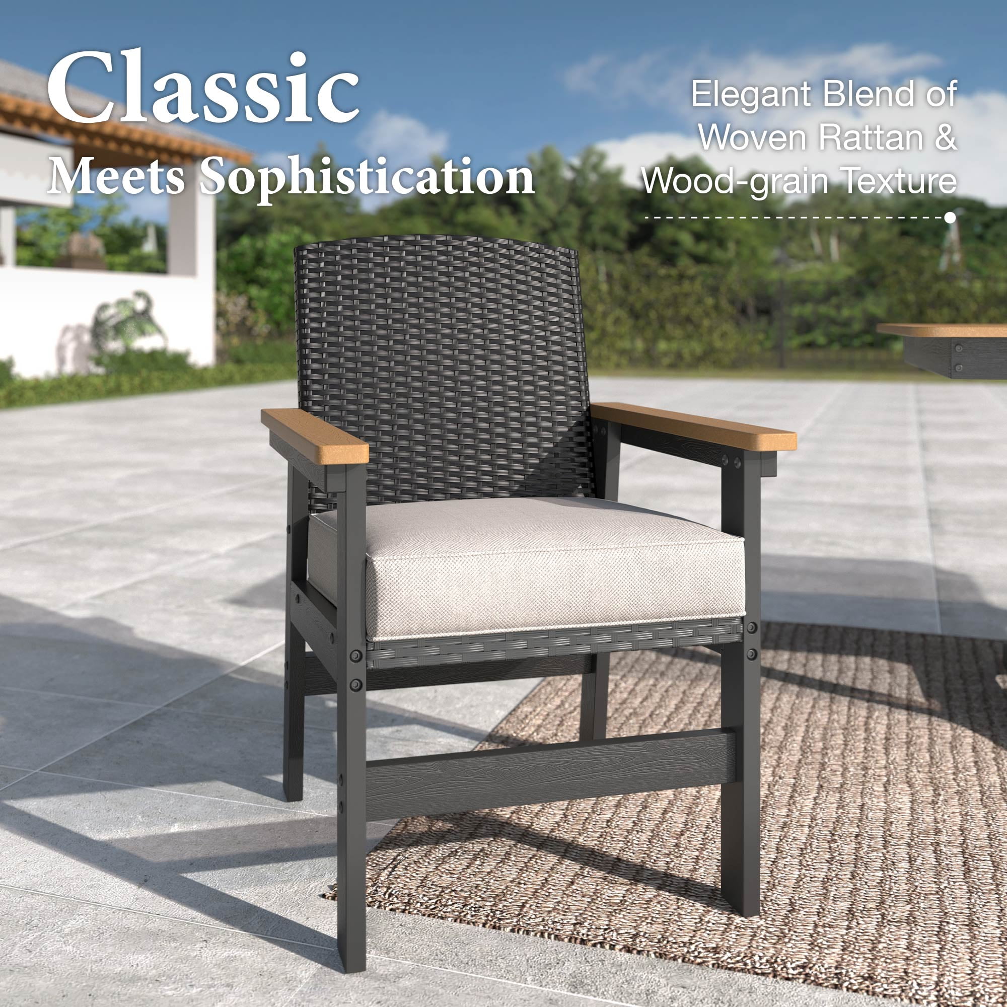 MF Studio 7-Piece Patio Furniture Dining Set, HDPE Outdoor Table & 6 Wicker Chairs with 3.2" Cushions, Black