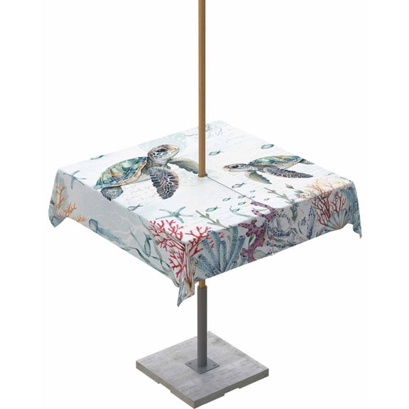 Underwater Marine Turtle Seaweed Coral Outdoor Square Tablecloth Zippered Table Cover with Umbrella Hole,Summer Ocean Life Waterproof Table Cloths for Patio Garden Picnic Tables,54x54in