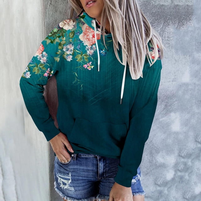 EQWLJWE Hoodies for Women 3D Flower Print Tops Pullover Hooded Sweatshirt Drawstring with Pocket Halloween Sweatshirt