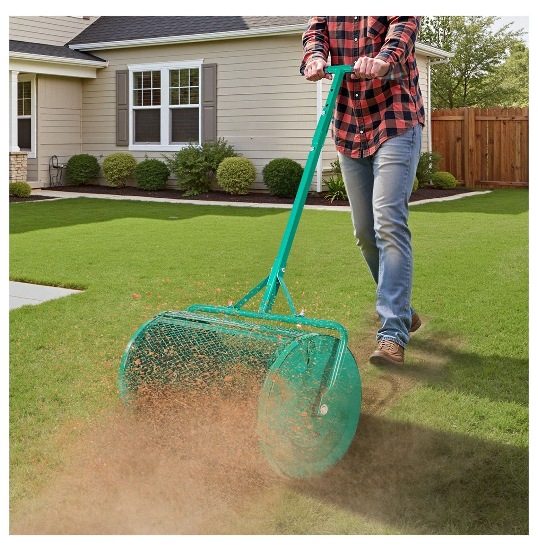 Compost Spreader 24 inch, Peat Moss Spreader with Tow Handle, Adjustable Height, Heavy Duty Steel Garden Seed Spreader for Lawn, Farm, and Garden