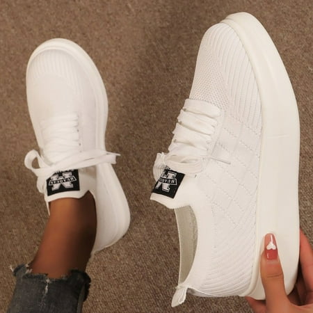

Cathalem Solid Color Flying Lace-up Fashion Size Platform Knitted Women s Large Women s Street Cleats 2-sxk Friends Sneaker White 7.5
