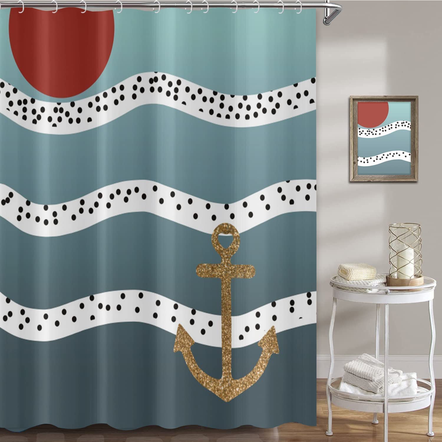 Blue Nautical Shower Curtain, Abstract Sun Anchor Stripe with Polka Dot