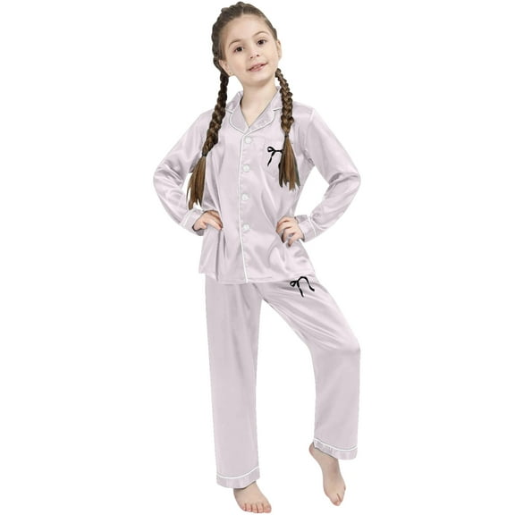 Kids Valentines Pajamas Girls Silk Satin Pajamas Set 2 Pc Button Down Pjs Bow Long Sleeve Top And Pants Lounge Sets Summer Fall Baby Clothes New Year Birthday Carnival Gifts 3-14Y Beige,110=3-4Y