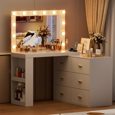 VIVISPECIAL Makeup Vanity Desk with Mirror, 3-Color Lights, Charging Station, 6 Drawers, and Side Storage Shelves for Bedroom, White Vanity Dressing Table, White
